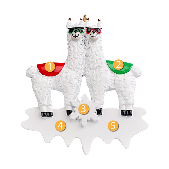 Two white llamas wearing red and green saddle blankets and sunglasses on snowflake base ornament under $50 collection