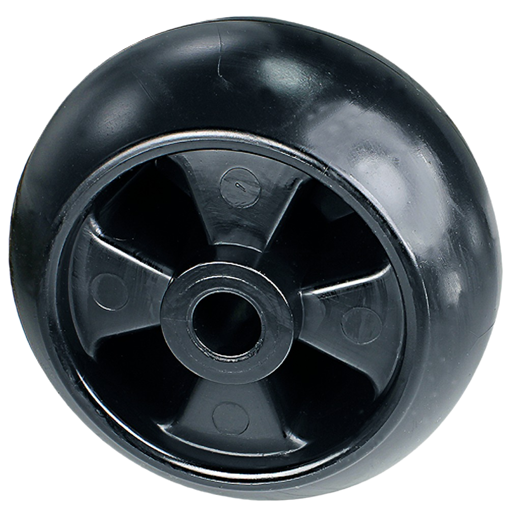 Black plastic gauge wheel with solid rim and central hub designed for agricultural equipment use