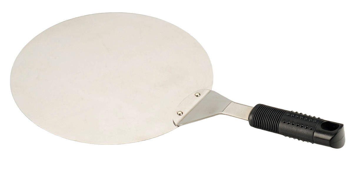 Round metal pizza peel with a black ergonomic handle from Kitchen Gadgets and Kitchenware collections under $50
