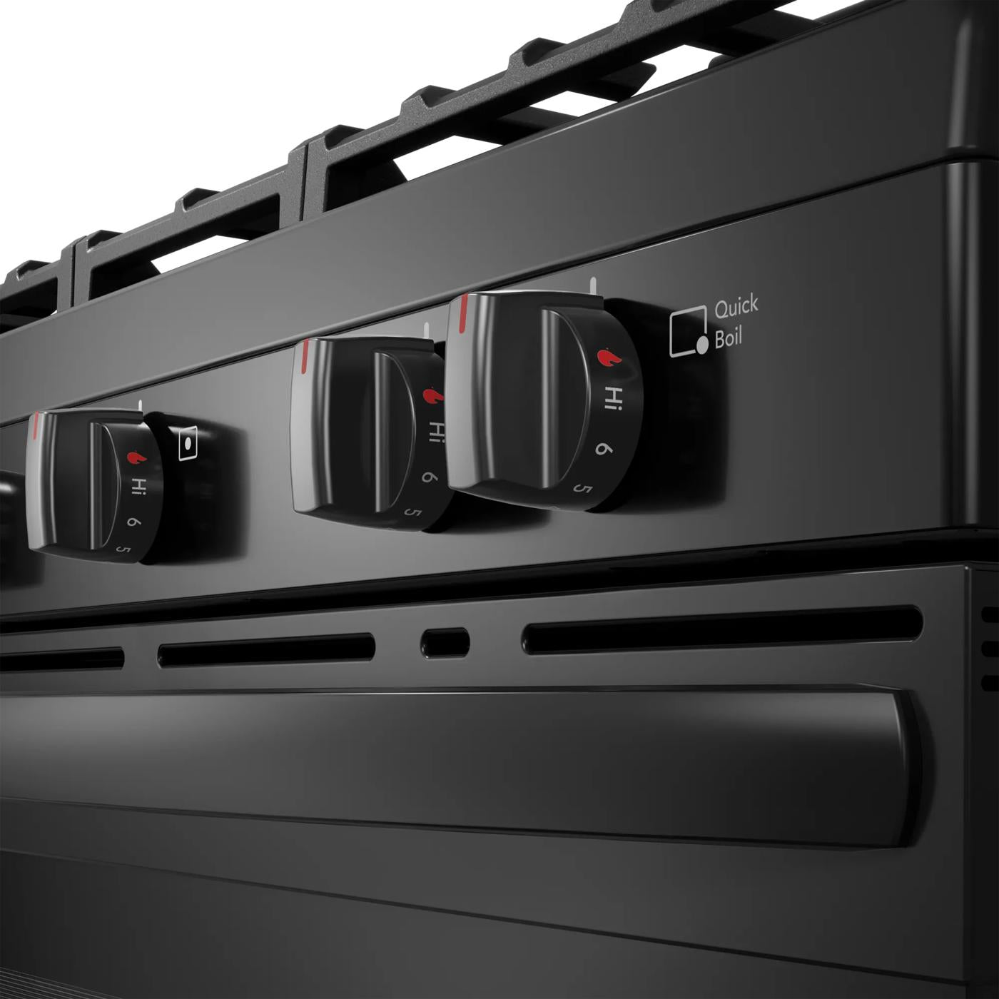 Close-up of black gas range control knobs with high and low settings and quick boil feature in Ranges & Cooktops collection