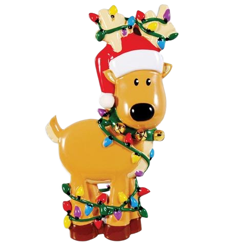Playful yellow reindeer figurine wrapped in multicolored Christmas lights wearing a red Santa hat decoration under $50 collection