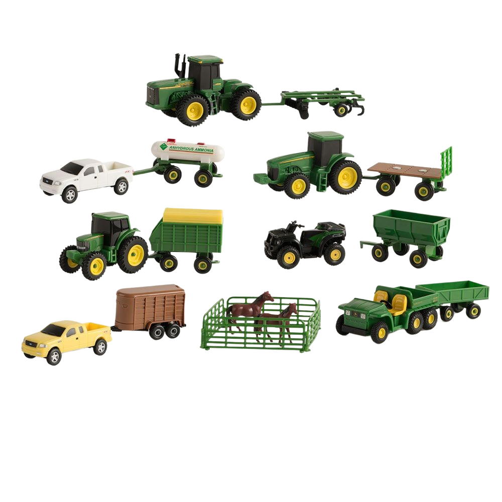 Set of green and yellow farm toy vehicles and accessories including tractors, trailers, trucks, and animal pen for imaginative play