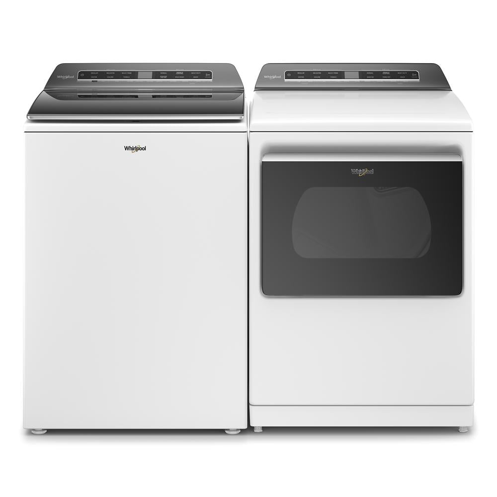 Modern white laundry set with top load washing machine and front load electric dryer from Appliances collection