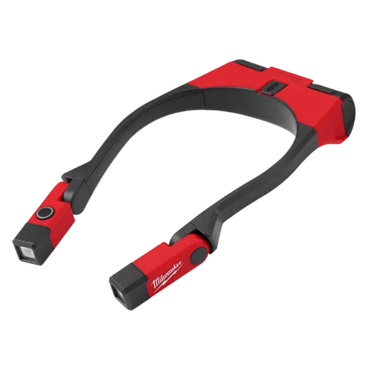 Red and black rechargeable neck light with adjustable LED heads designed for hands-free illumination in tools and home improvement tasks