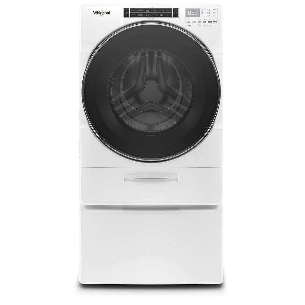 Front view of white Whirlpool front load washer with digital display and large black door from Washers & Dryers collection