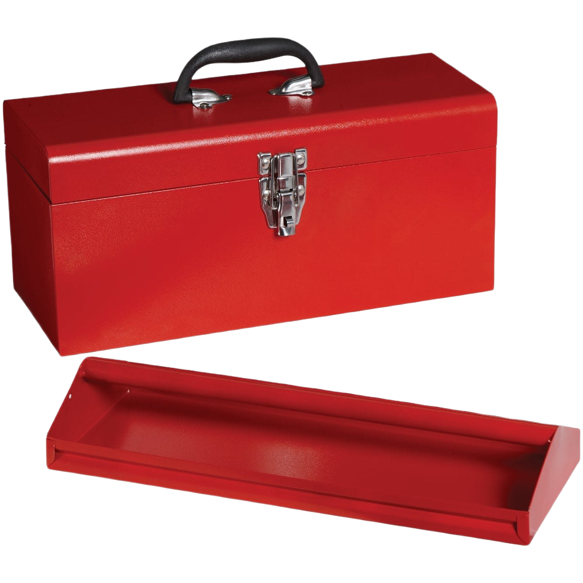 Red metal toolbox with removable tray for workshop organization in tool storage and woodworking tools collections