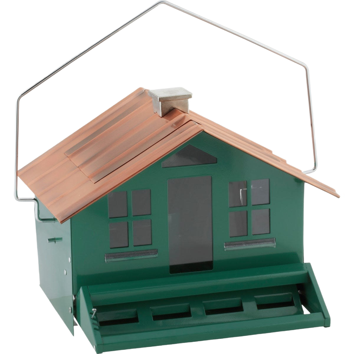 Green metal squirrel-proof bird feeder designed like a country house with copper-colored roof and hanging handle