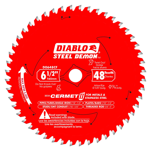Red steel circular saw blade with 48 teeth, designed for cutting metals and stainless steel in home improvement projects
