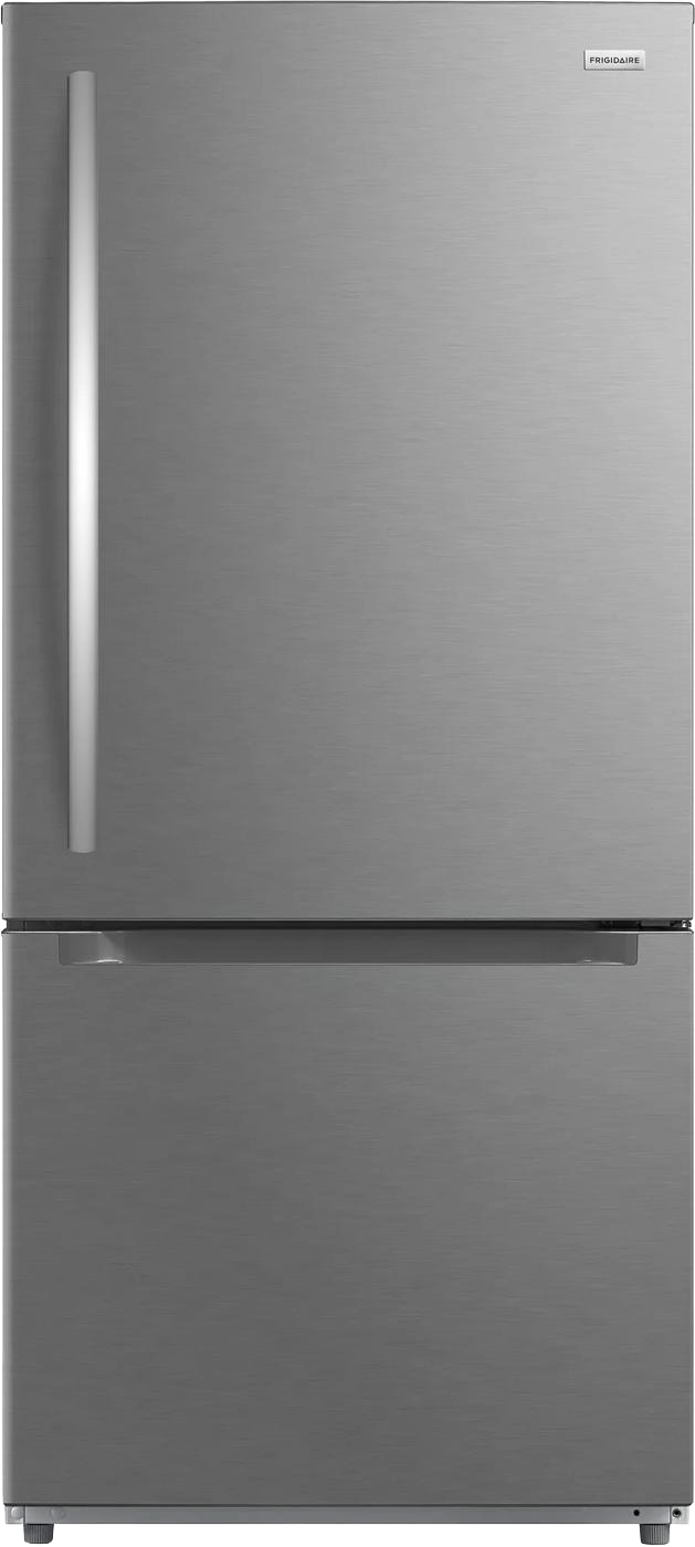 Stainless steel bottom freezer refrigerator with vertical handle and minimalist design, suitable for kitchen, appliances, and refrigerator collections.