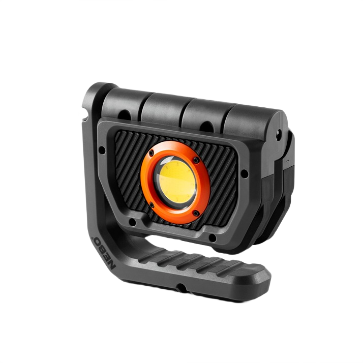 Black and orange compact LED work light with sturdy foldable stand for tools and home improvement use