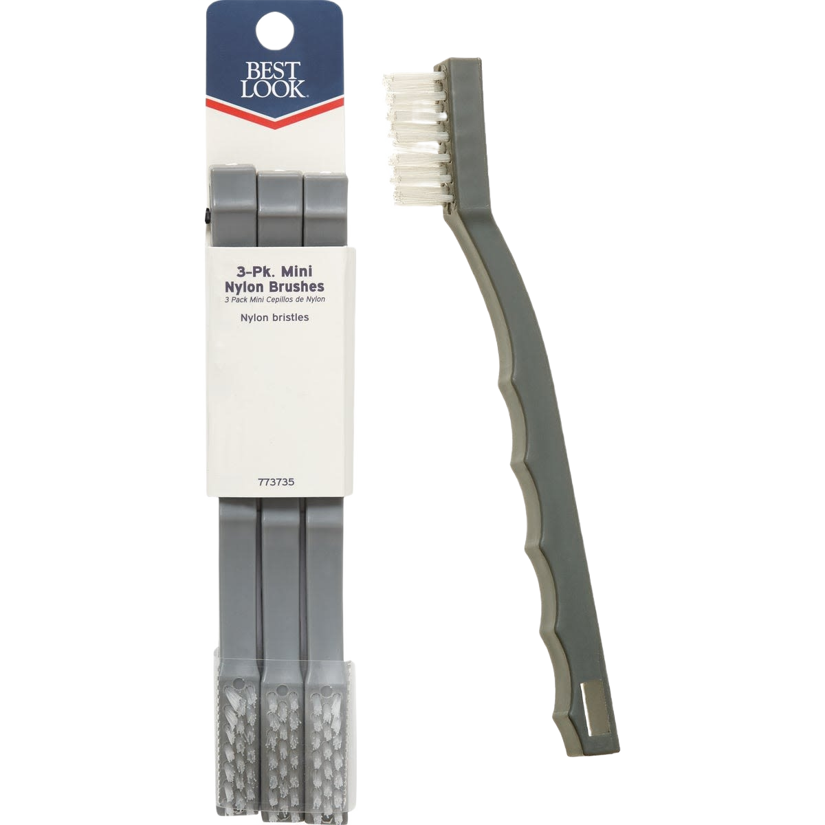 Set of three gray mini brushes with nylon bristles designed for tile and grout cleaning in home improvement tools