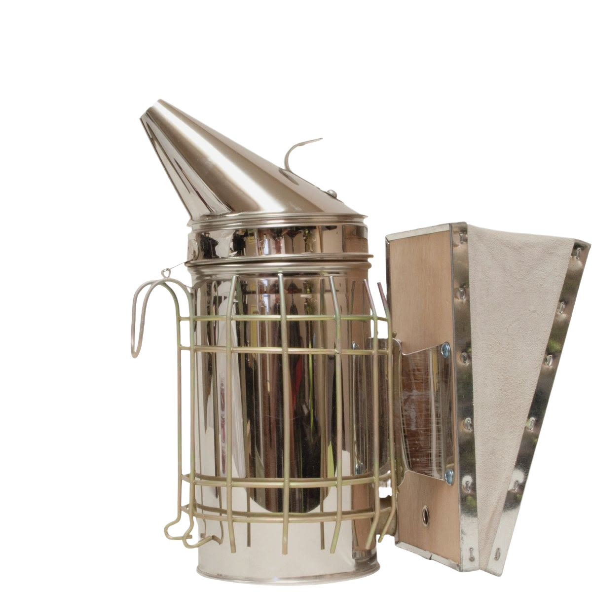 Stainless steel beekeeping smoker with protective wire cage and leather bellows for tools and home improvement use