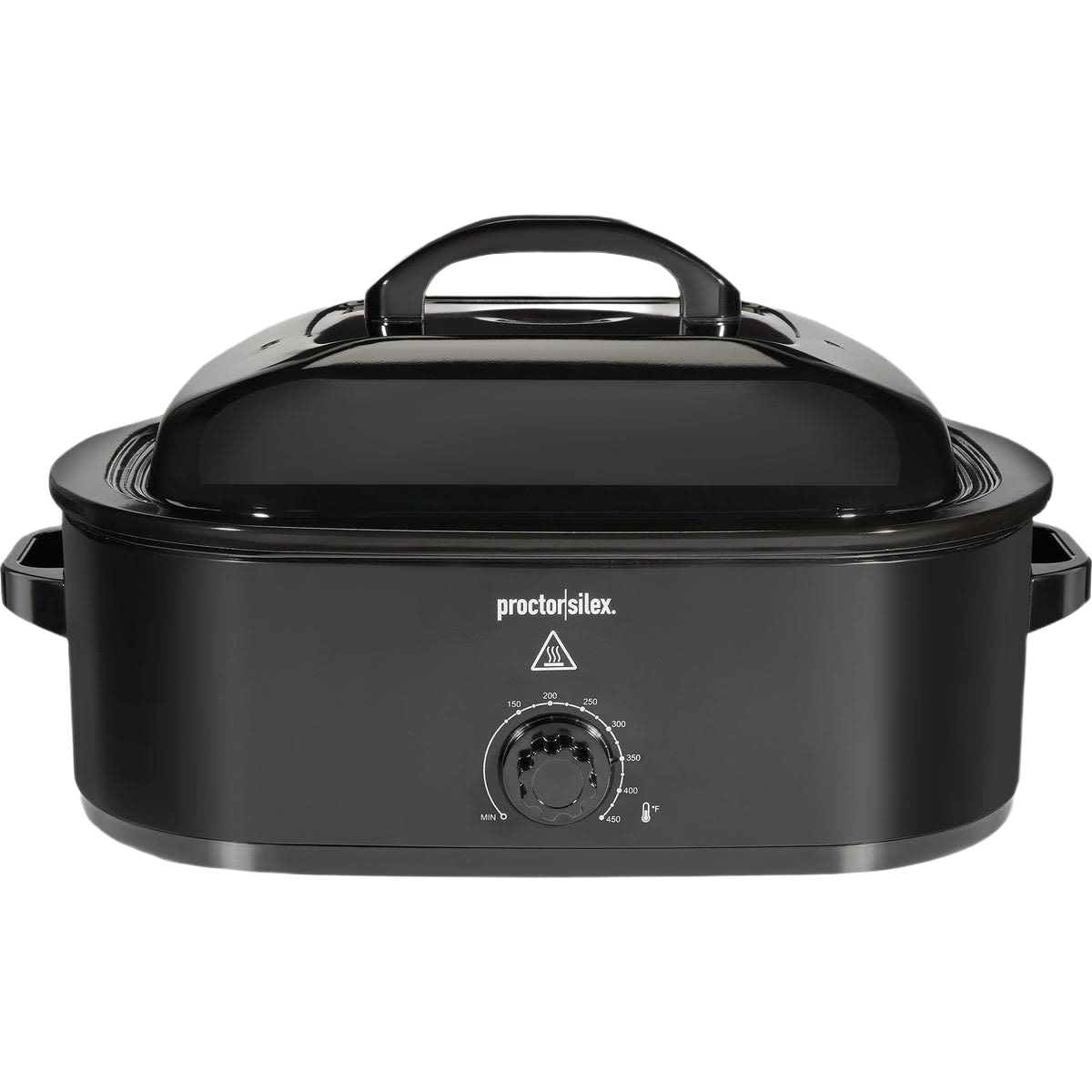 Black electric roaster oven with temperature dial and handles for cooking and kitchen use