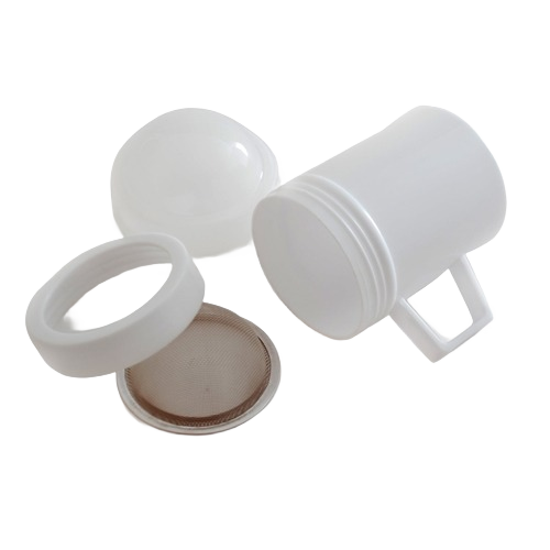 White plastic sugar flour shaker with stainless steel mesh screen and removable lid for kitchen gadgets under $25 collections