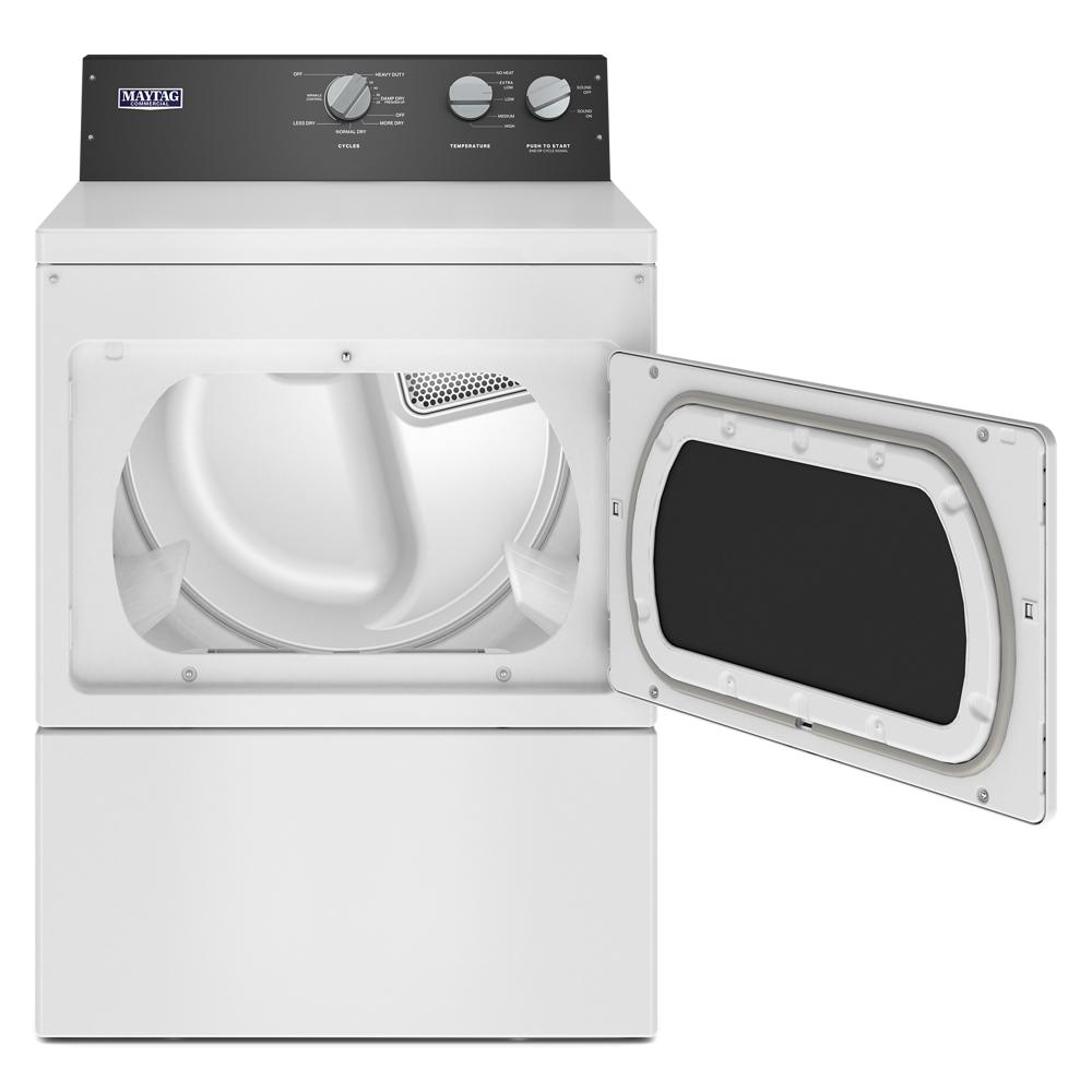 Front view of a white commercial-grade electric dryer with open door showing empty drum from dryers collection