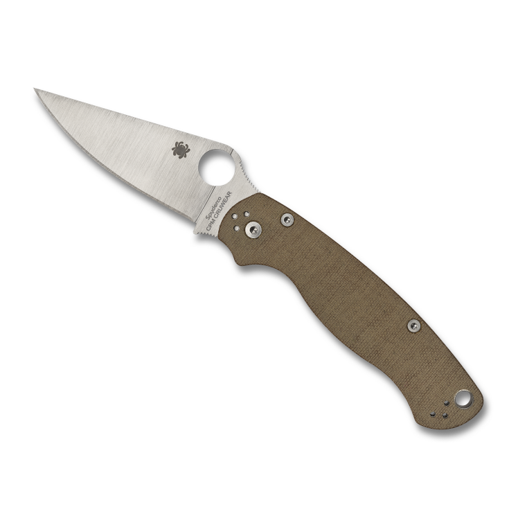 Folding pocket knife with CPM CRU-WEAR steel blade and brown micarta handle for outdoor and home use tools.