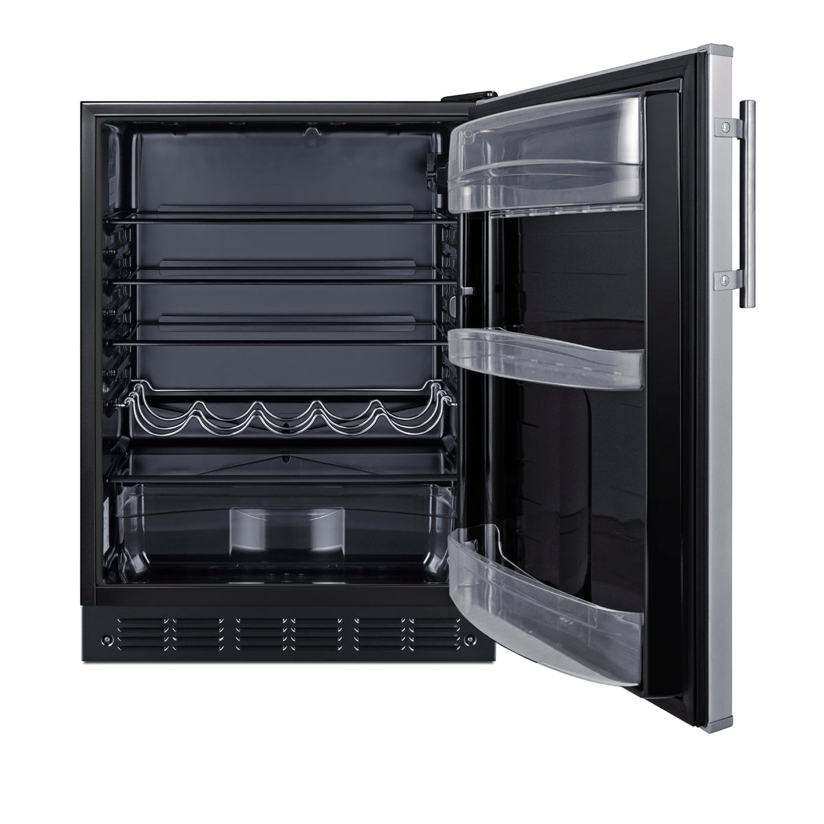 Compact undercounter all-refrigerator with black interior, adjustable shelves, wine rack, and clear door bins for kitchen appliances