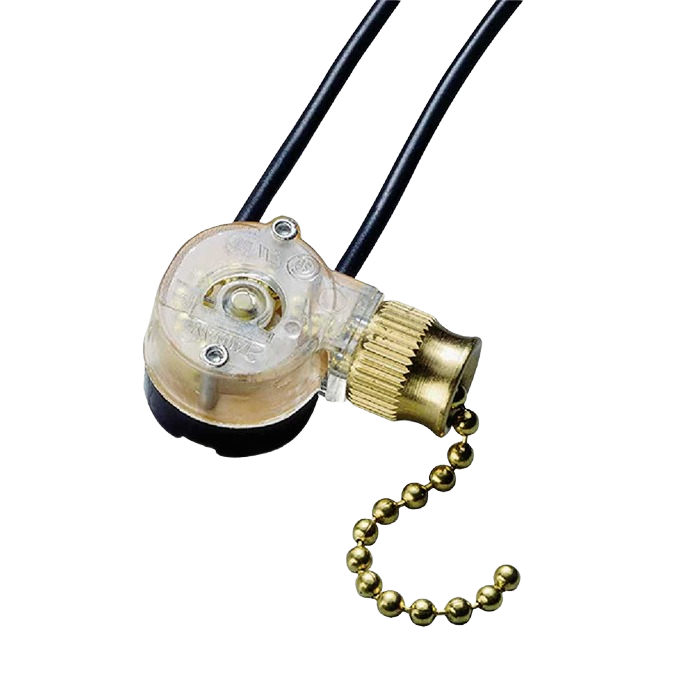 Brass pull chain switch with clear plastic housing and black electrical cord for tools and home improvement use