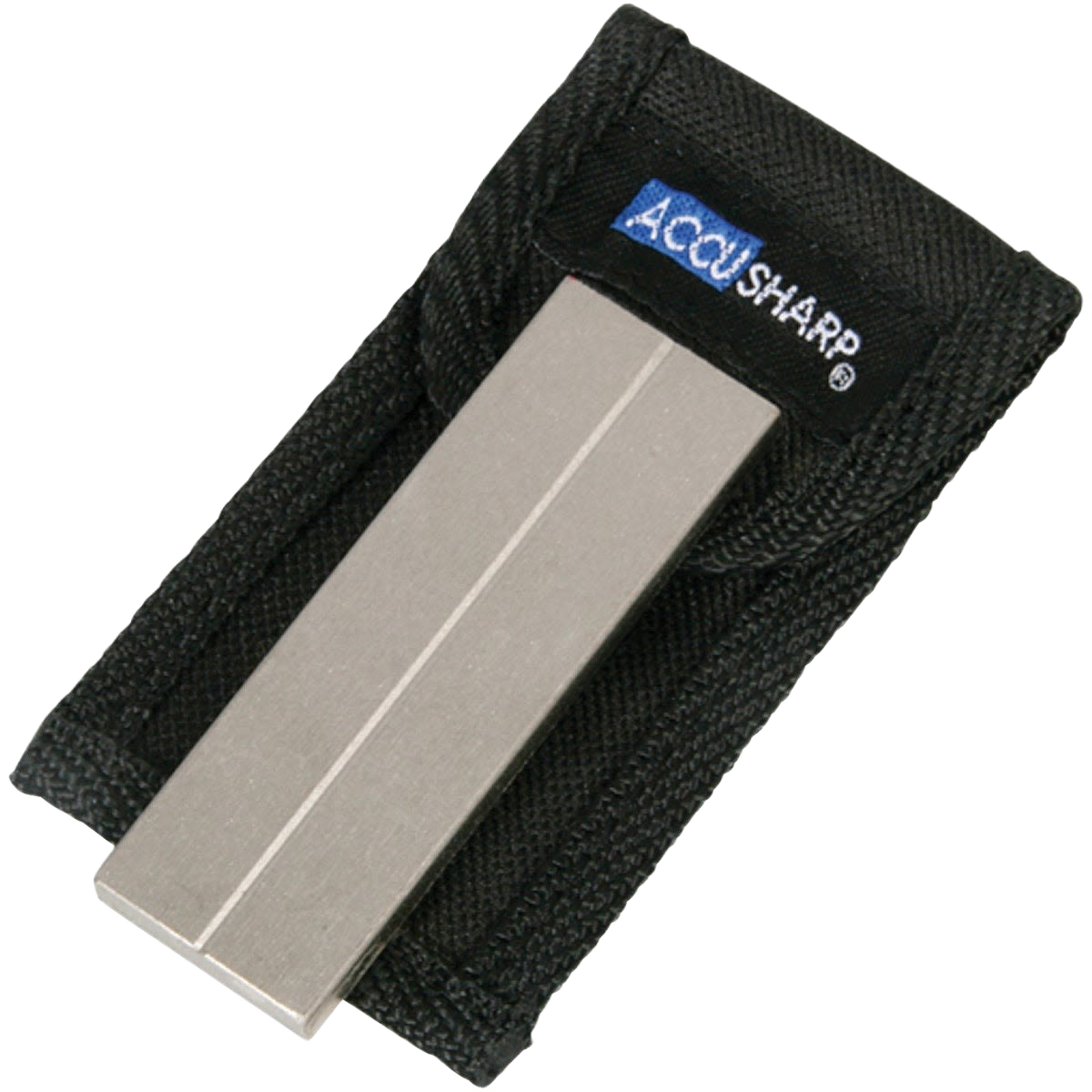 Portable diamond sharpening stone with textured surface and black fabric carrying pouch for tools and home improvement use