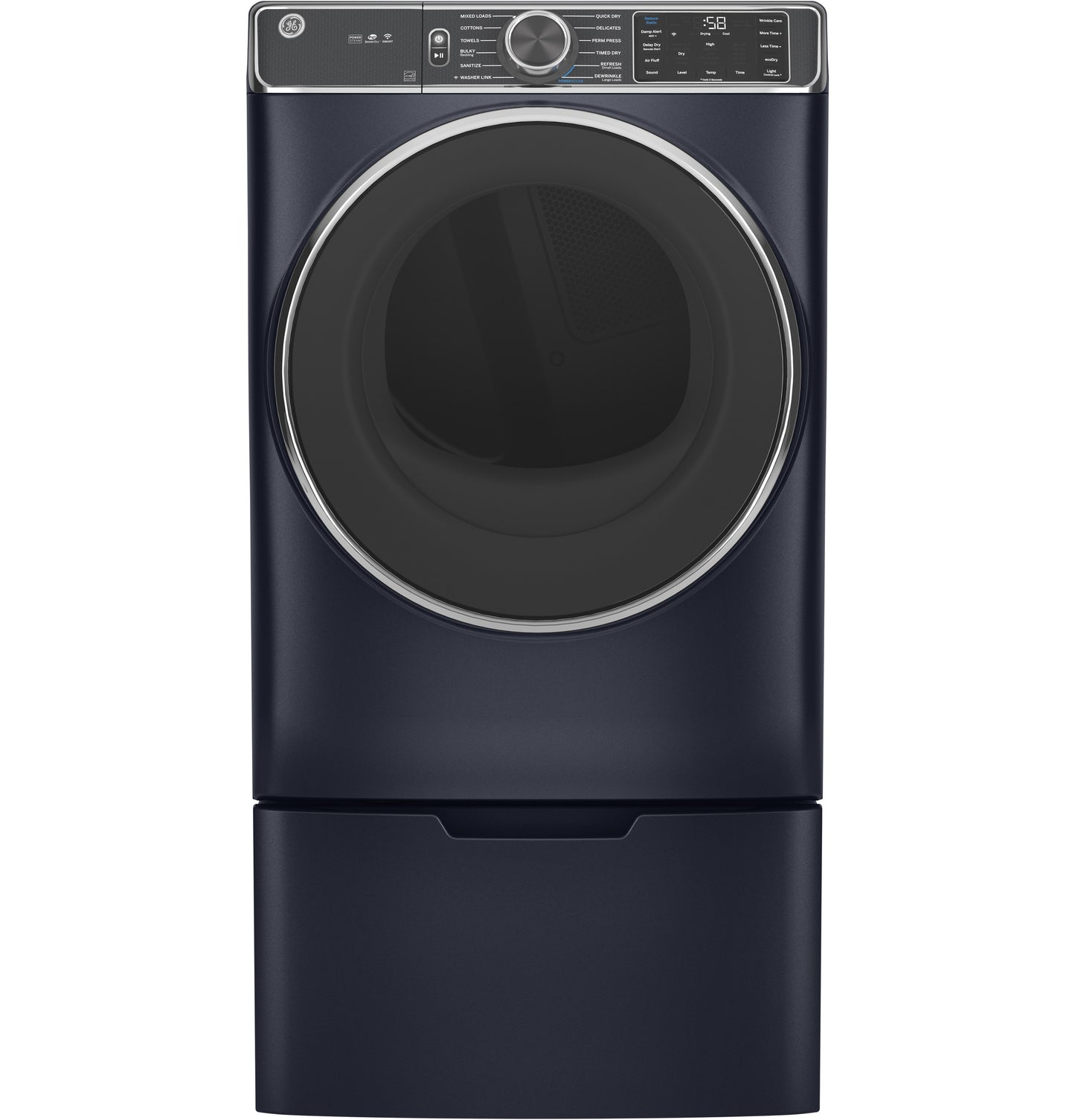 Dark blue front-load washing machine with digital controls on GE® pedestal from Appliance Parts & Accessories collection