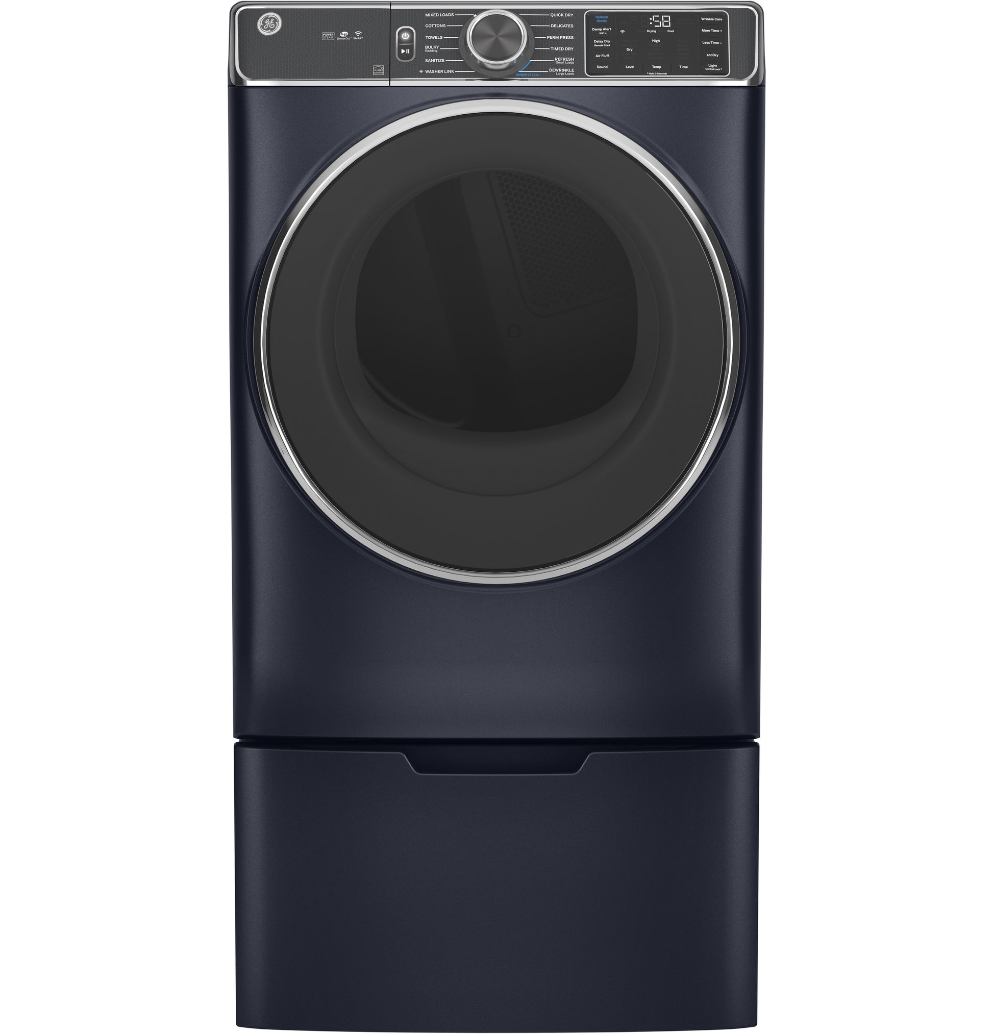 Dark blue front-load washing machine with digital controls on GE® pedestal from Appliance Parts & Accessories collection
