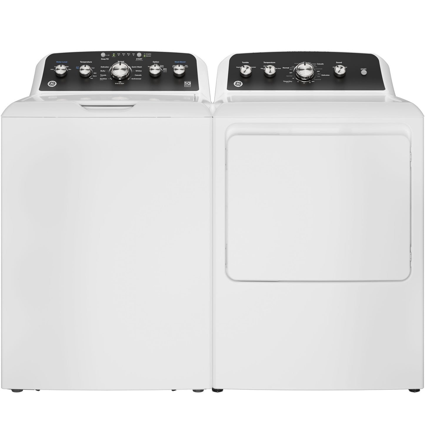 White top load washer and matching gas dryer with control panels featuring knobs and cycle options in appliances collection