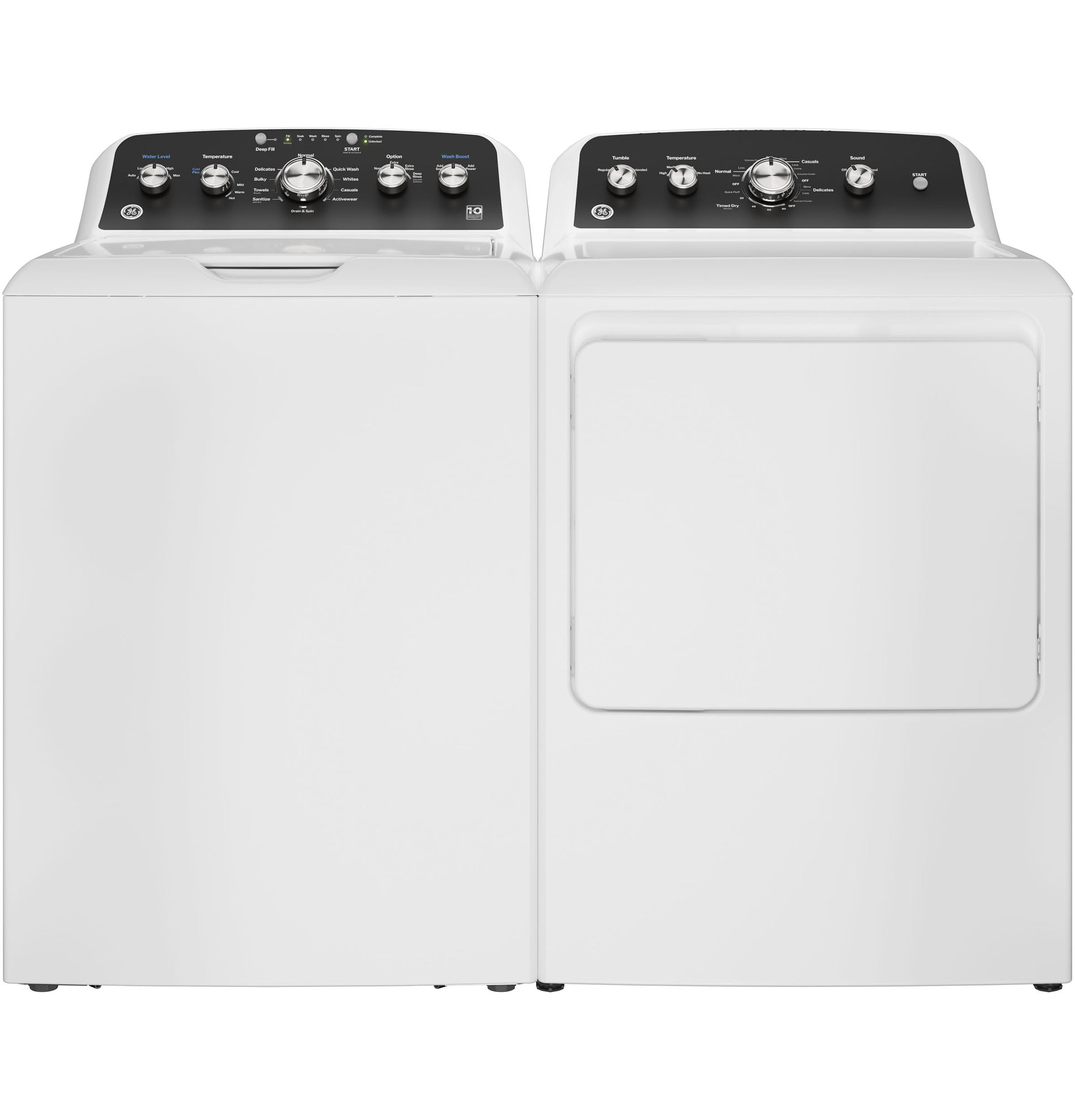 White top load washer and matching gas dryer with control panels featuring knobs and cycle options in appliances collection