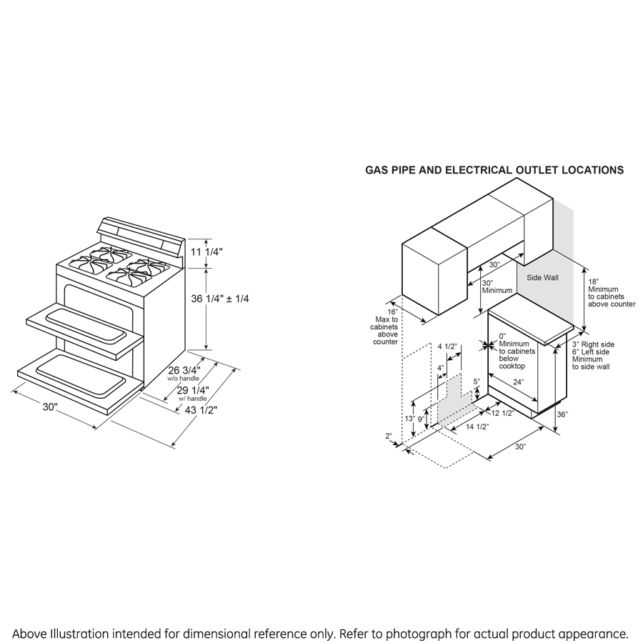 Technical line drawing showing dimensions and installation clearances for a double oven gas range in kitchen appliance setup.