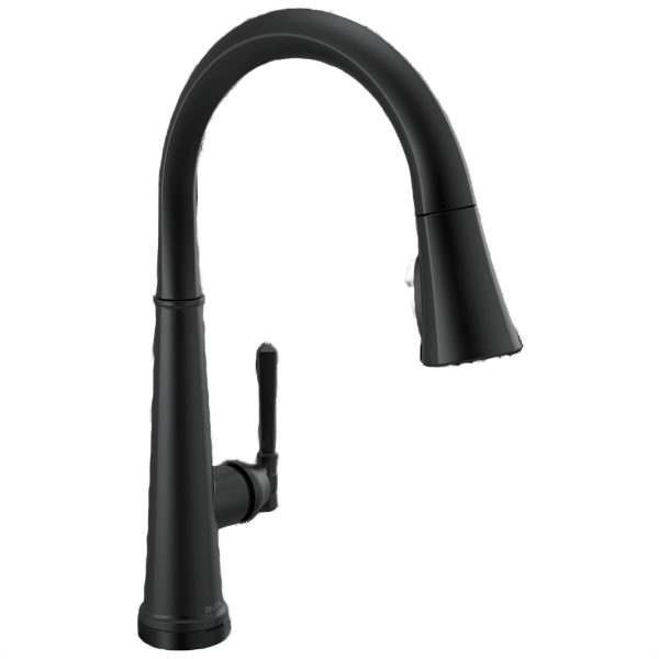 Matte black single handle pull-down kitchen faucet with sleek curved spout for home improvement collections