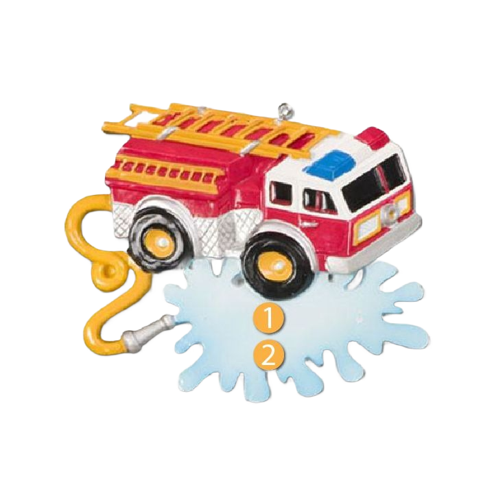 Red and white fire truck ornament with ladder and hose on icy blue base in Christmas Ornaments & Tree Decorations collection