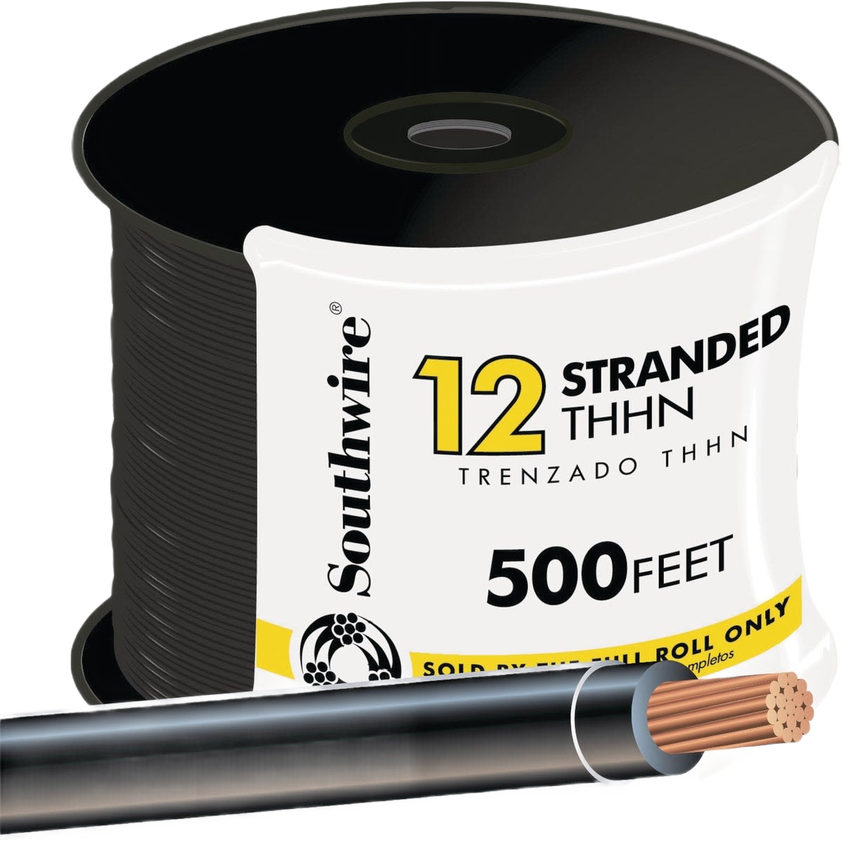 Spool of black 12-gauge stranded THHN wire with exposed copper strands for electrical and home improvement use