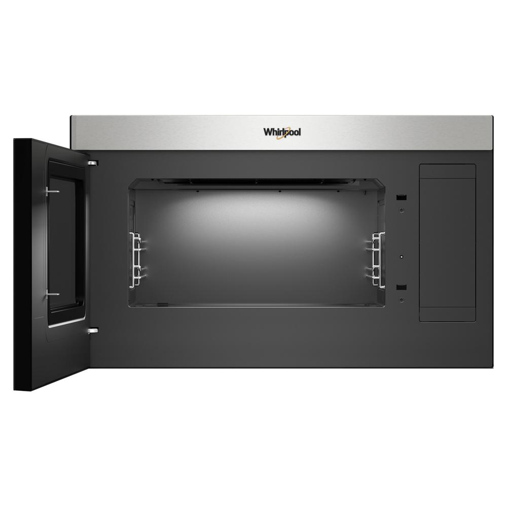 Open stainless steel air fry over-the-range microwave showing empty interior from kitchen appliances collection