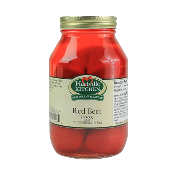 Glass jar of red beet eggs preserved in vibrant red beet juice for fruits and vegetables and Hartville Kitchen goods under $25