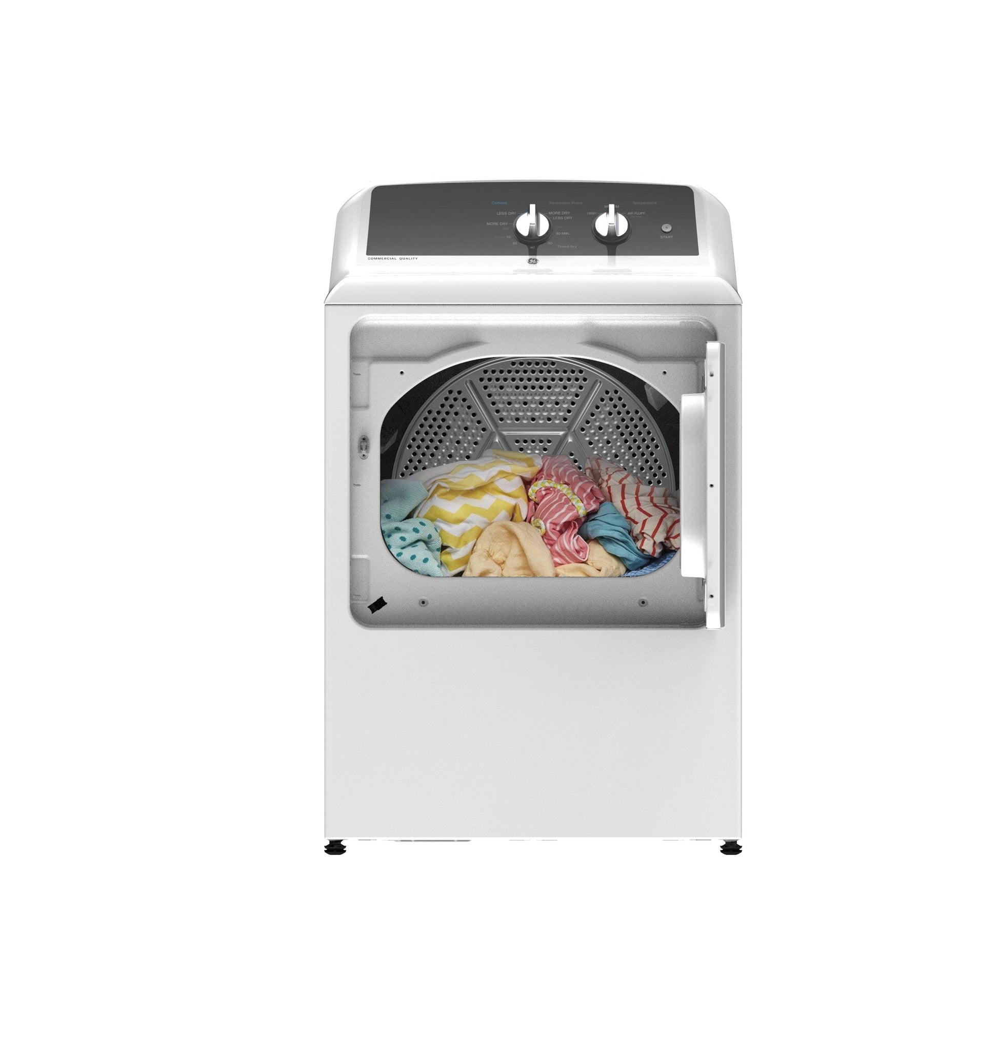Front view of white electric dryer with open door showing colorful clothes inside for home improvement and appliances.
