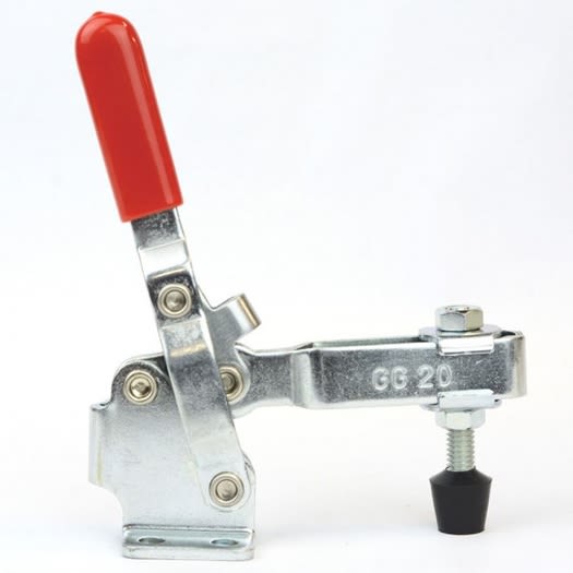 Vertical toggle clamp with red handle and adjustable foot for heavy-duty home improvement and tool applications