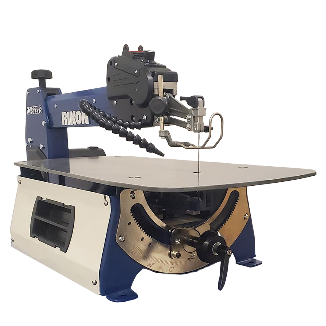 Blue and white variable speed scroll saw with adjustable blade and metal cutting table for woodworking tools collection