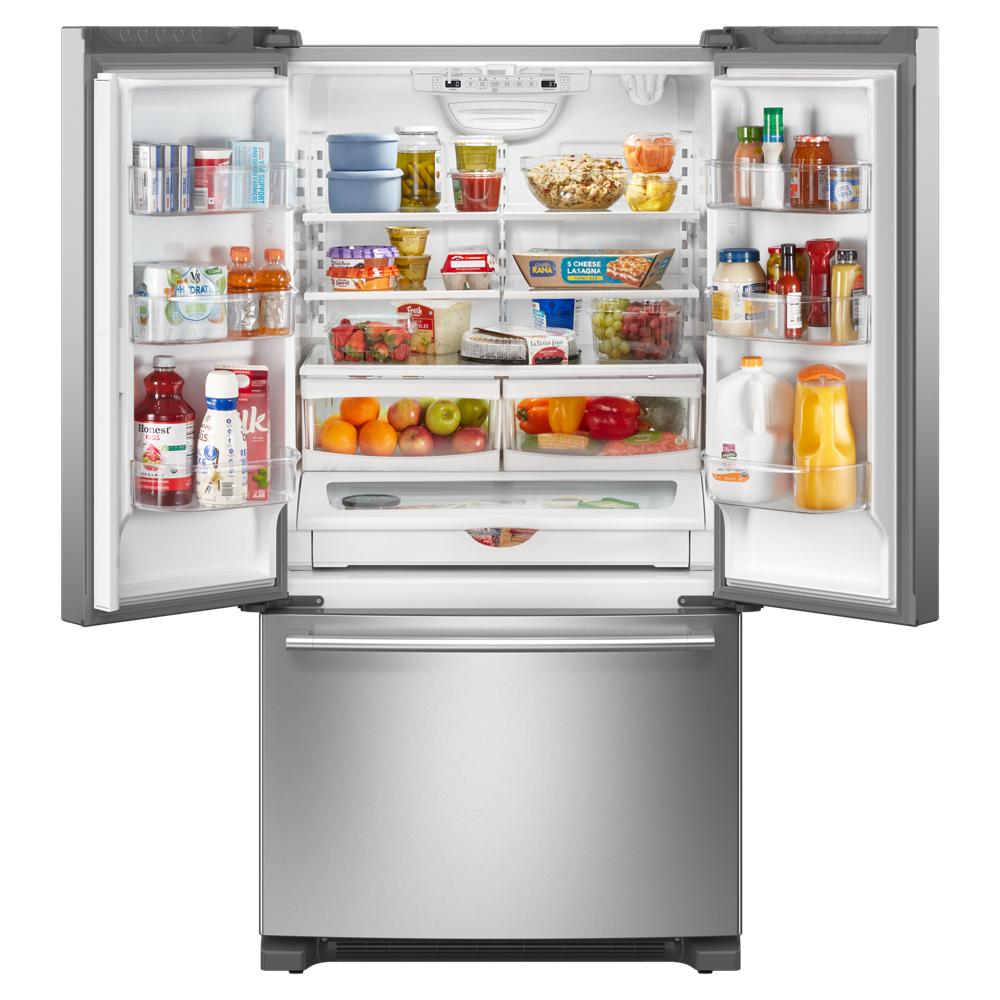 Open stainless steel French door refrigerator with bottom freezer, stocked with food and beverages for kitchen appliances.