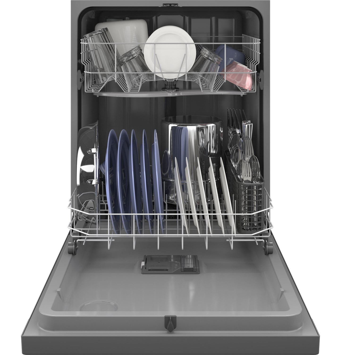 Open GE dishwasher with front controls loaded with plates, glasses, utensils in Kitchen & Kitchenware appliances collection
