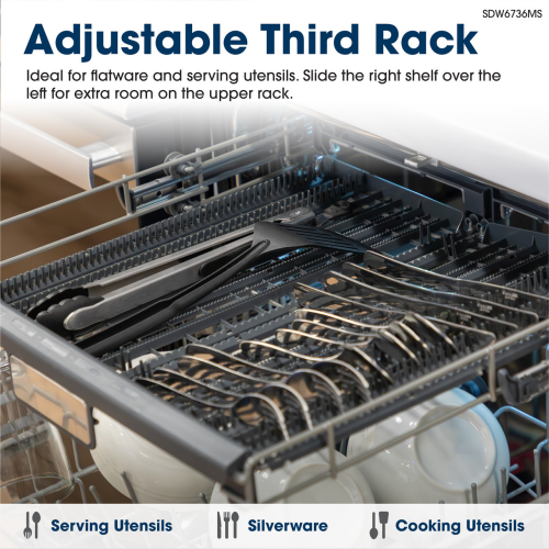 Close-up of adjustable third rack in stainless steel dishwasher holding serving utensils, silverware, and cooking tools for kitchen use