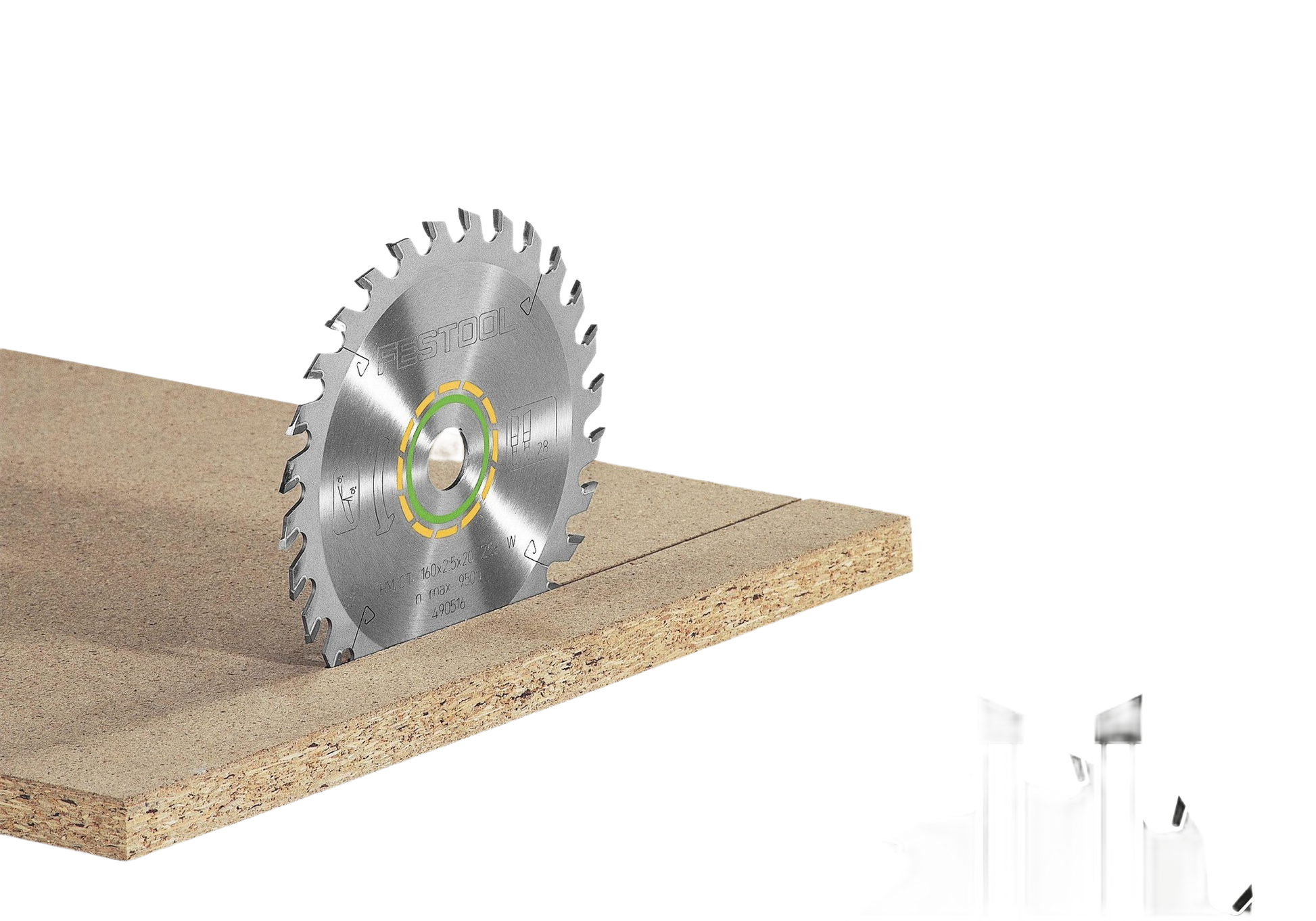 60-tooth fine saw blade cutting through particle board, part of woodworking tool accessories for precise results