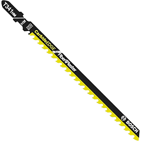 Black and yellow T-shank jigsaw blade with carbide edges designed for cutting fiber and plaster in home improvement tasks