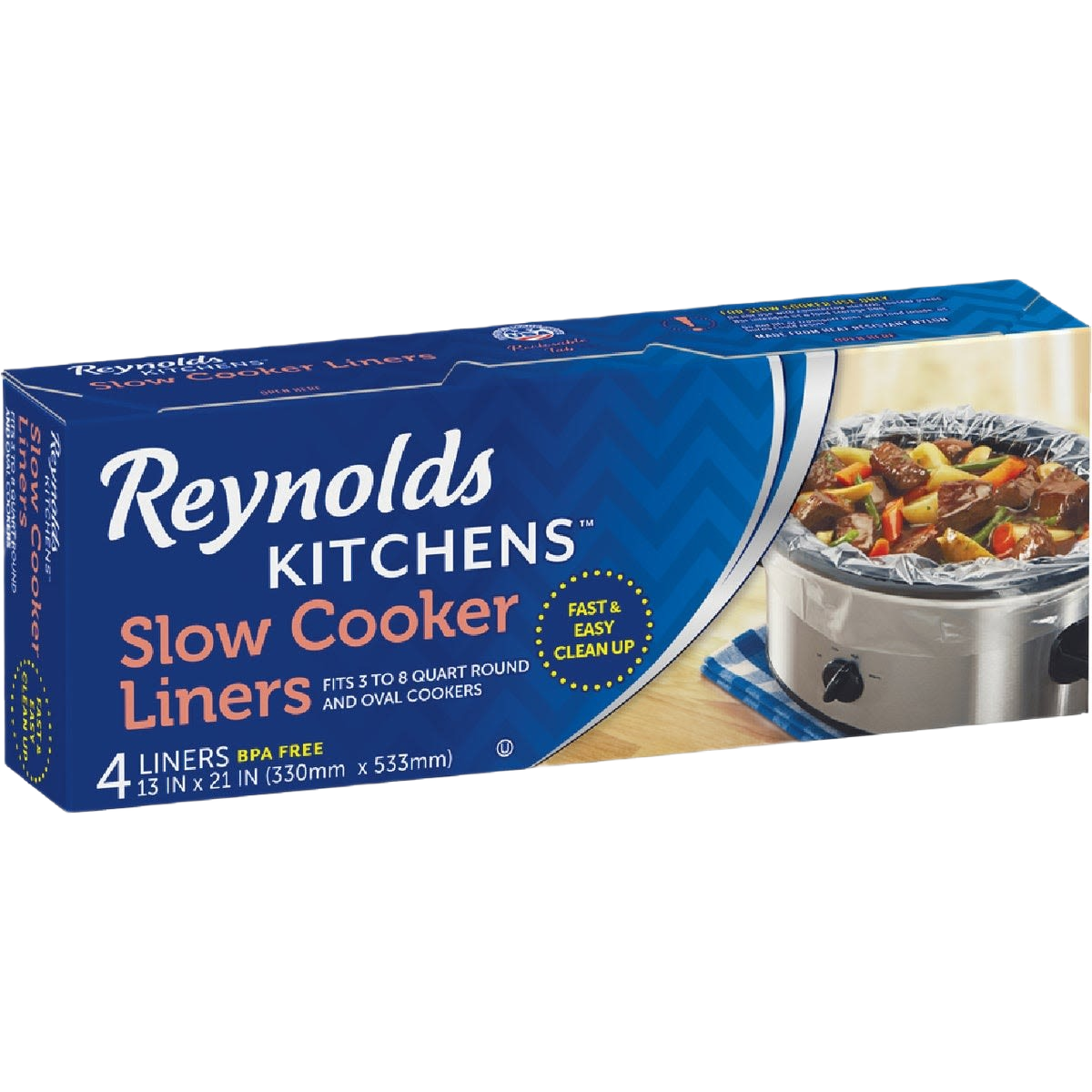 Box of Reynolds Kitchens slow cooker liners with image of liner in slow cooker holding cooked food, kitchenware and storage collections