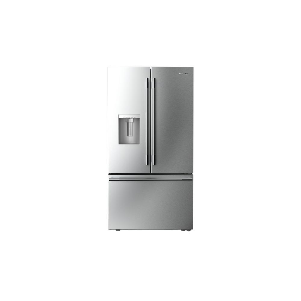 Stainless steel French door refrigerator with bottom freezer and built-in exterior water dispenser in kitchen appliances collection