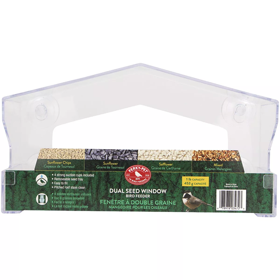 Clear plastic dual compartment window bird feeder with suction cups and seed storage capacity of one pound