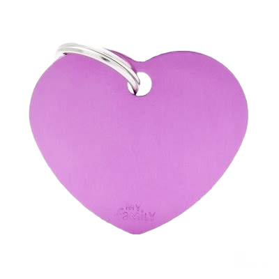 Large purple heart-shaped ID tag with silver keyring for personal identification and pet accessories use