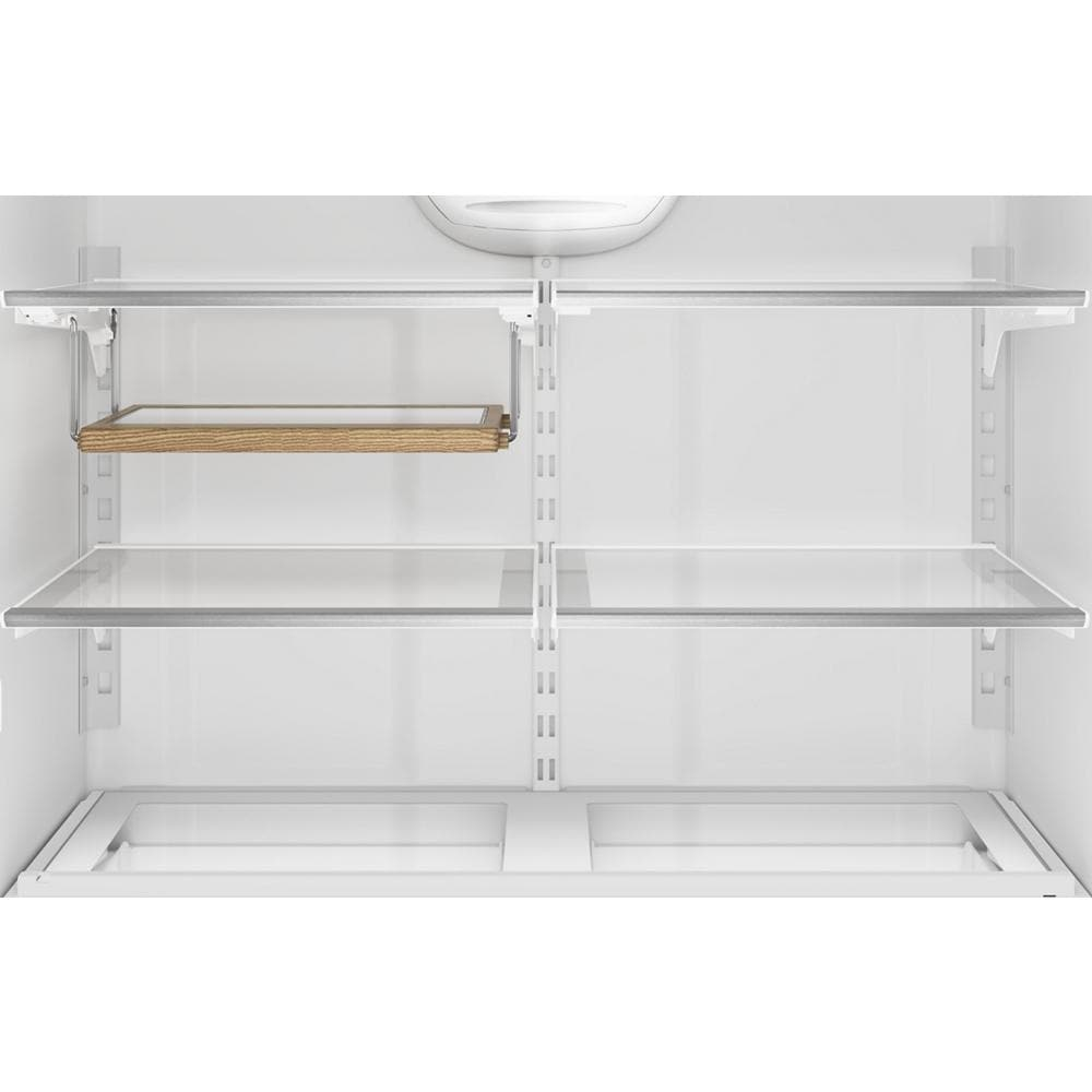 Interior view of refrigerator with adjustable shelving including glass shelves and a wooden-framed rack for storage organization