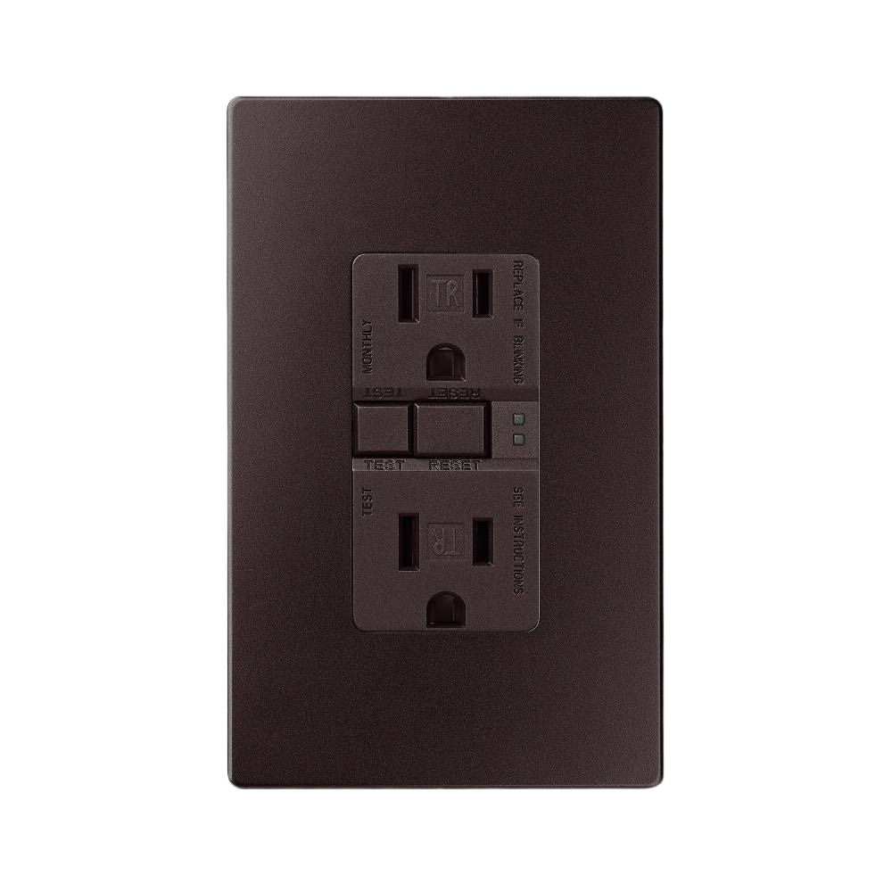 Oil rubbed bronze GFCI duplex outlet with reset and test buttons for electrical safety in home improvement projects