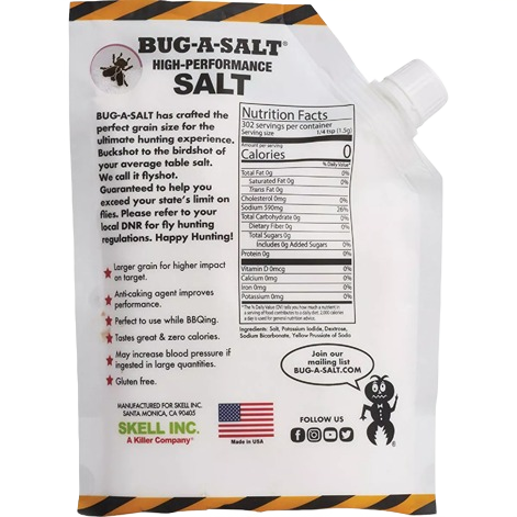 Back of Bug-A-Salt pouch showing nutritional facts, usage tips, and insect control product information
