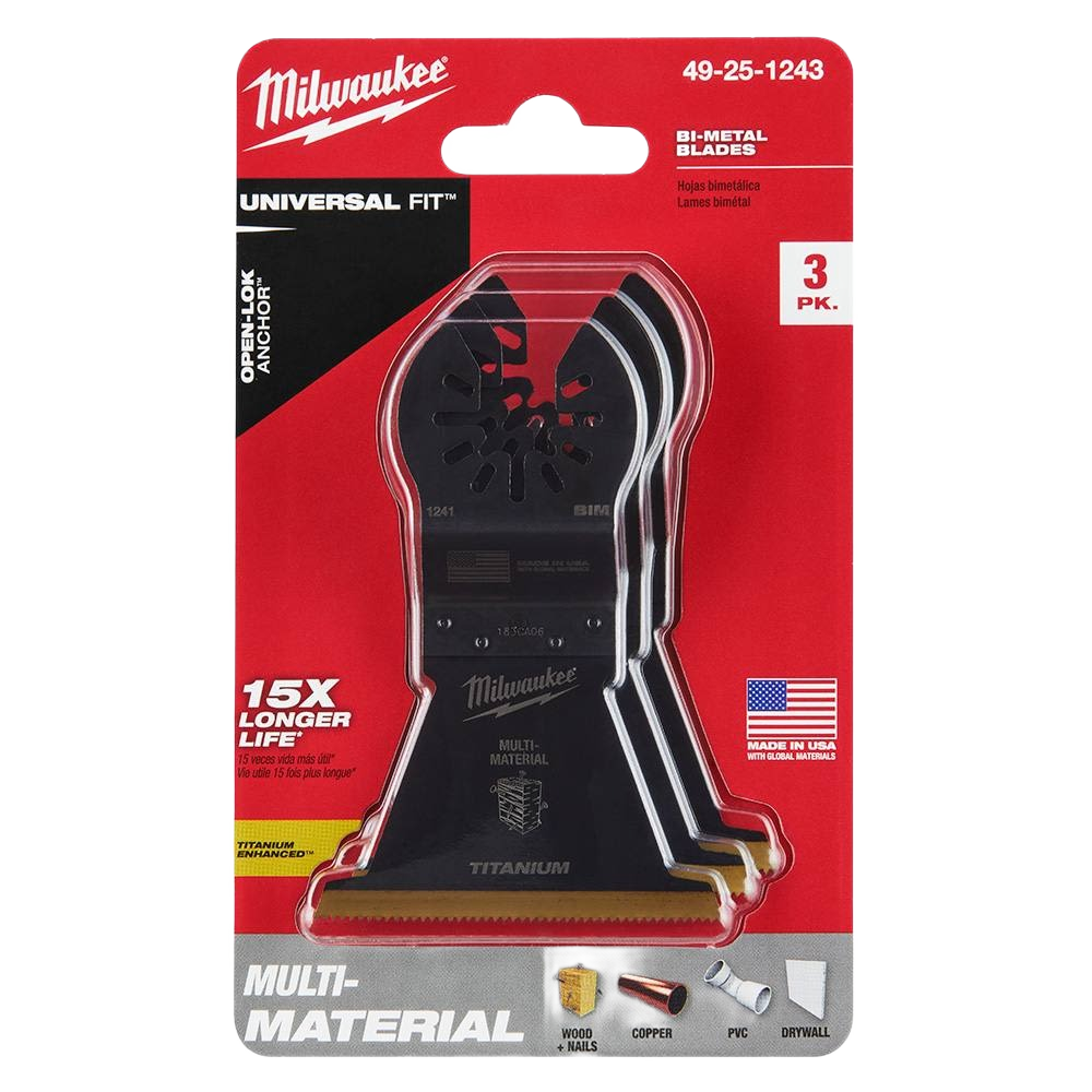 Three pack of Milwaukee bi-metal blades with titanium edge for cutting wood, copper, PVC, and drywall in home improvement projects