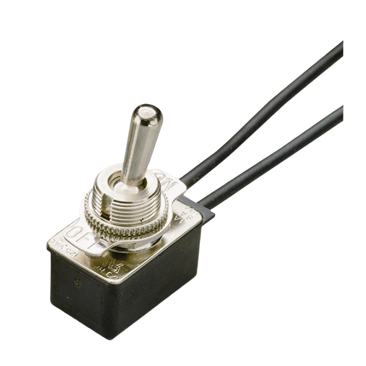Metal toggle switch with black wires for electrical and home improvement applications